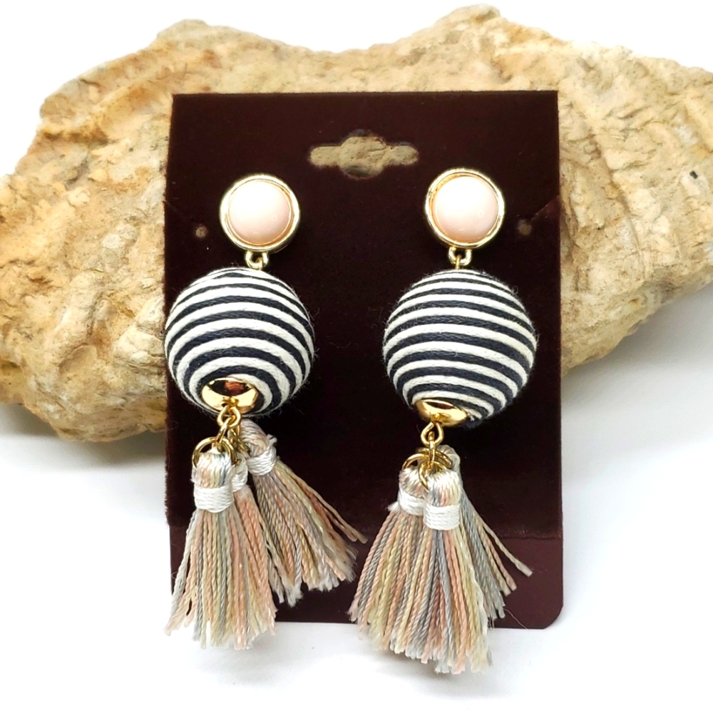 SugarFix Dangly Boho Earrings in Black White Stripped Pastel Tassels
